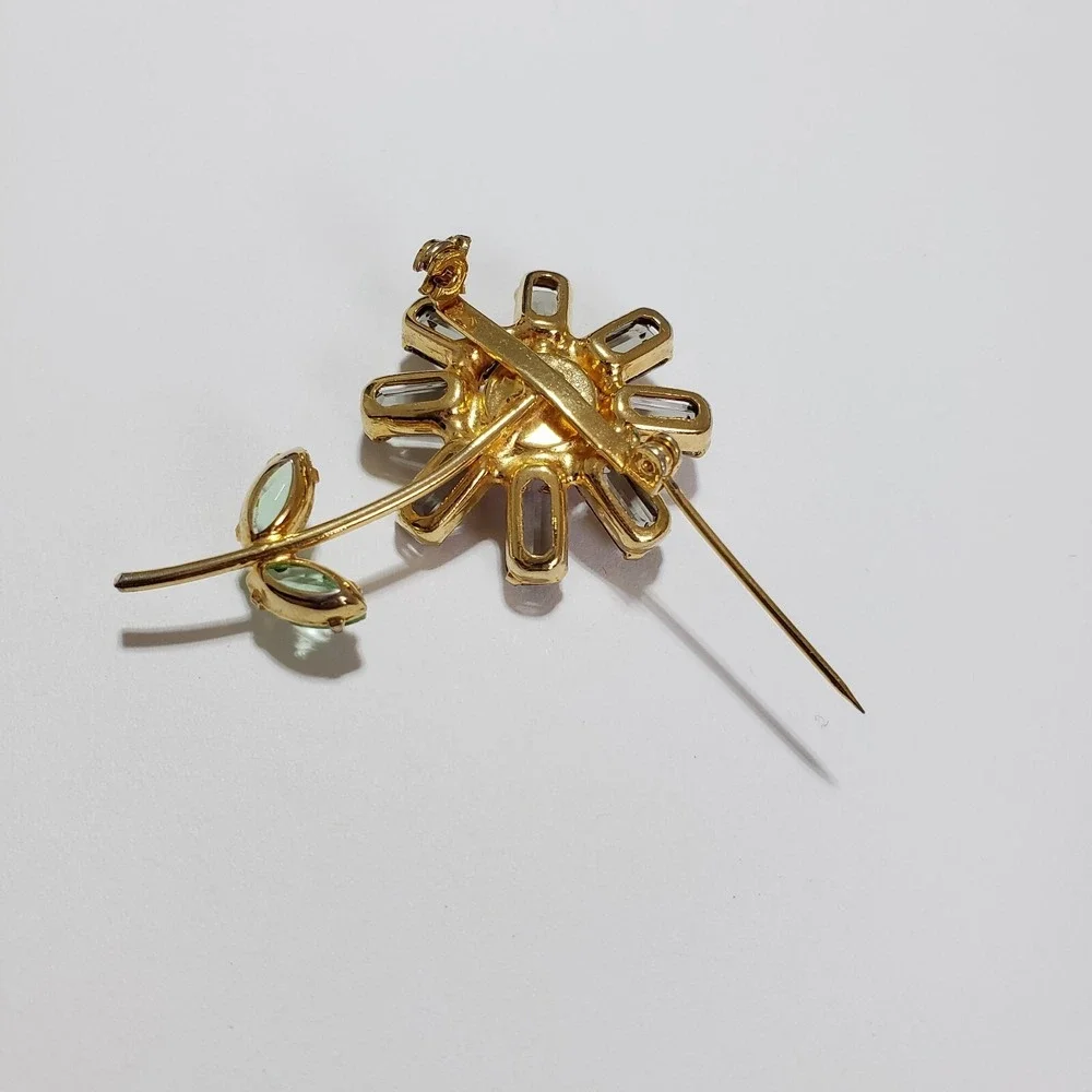 Vintage Pink Daisy Flower Gold Tone Brooch Smoke Rhinestones  Unsigned Mid Cent - Picture 7 of 9